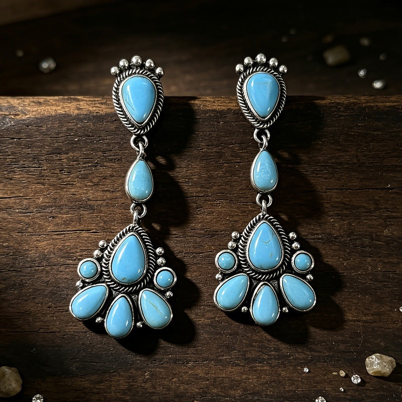 Wholesale Silver Electroplated Alloy Turquoise Teardrop Earrings Retro Bohemian Fashion Jewelry Accessory For Boutique Resale Gift