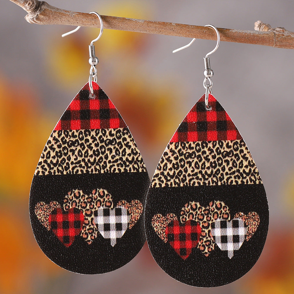 Wholesale PU leather Valentine' s Day checkered letter leopard print heart earrings