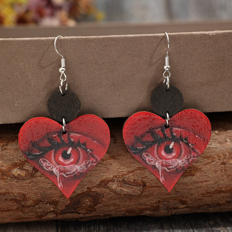 Wholesale Retro style heart-shaped printed horror eyes spliced with small wood pieces wooden earrings
