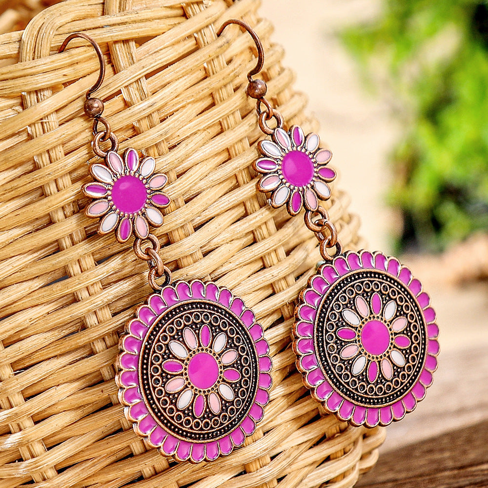 Wholesale Retro Sunflower Oil Drip Earrings - Zinc Alloy Jewelry Accessory for Party