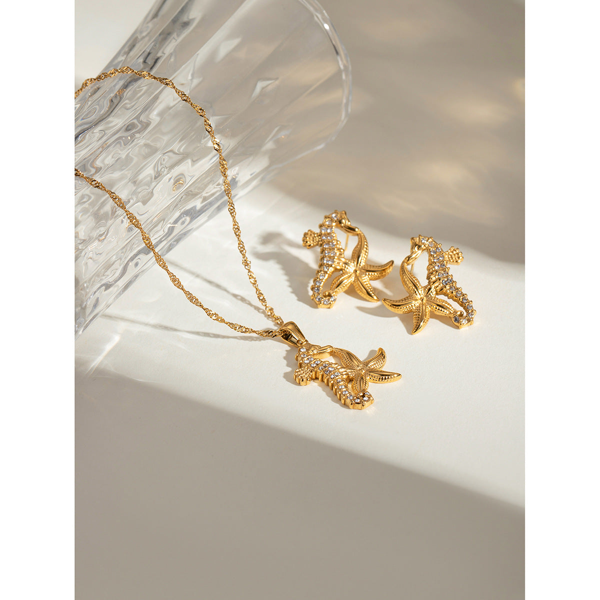 Wholesale 18k Gold Stainless Steel Hippocampus Starfish Diamond Earrings Necklaces