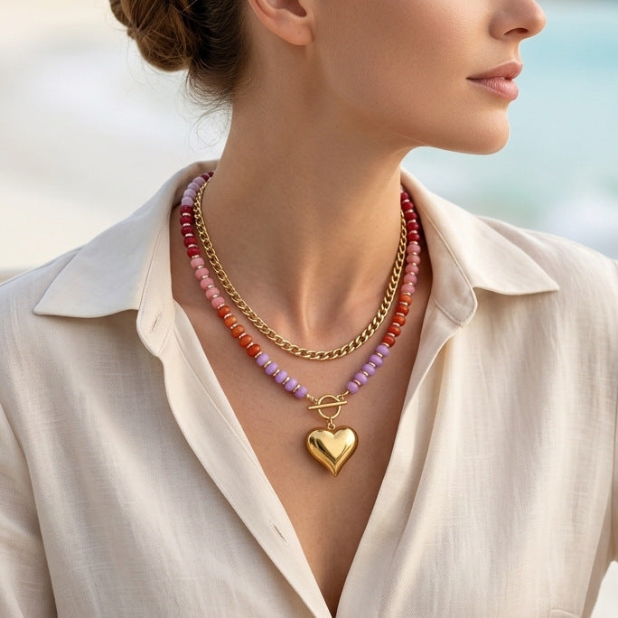 Wholesale Rainbow Layered Beaded Necklace Heart Pendant Natural Stone Titanium Steel Chain For Women Boutique Resale