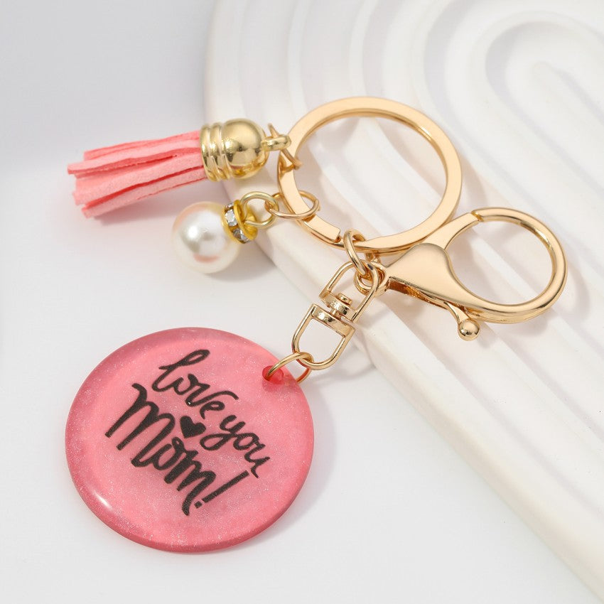 Wholesale MOM tassel pearl resin round card keychain