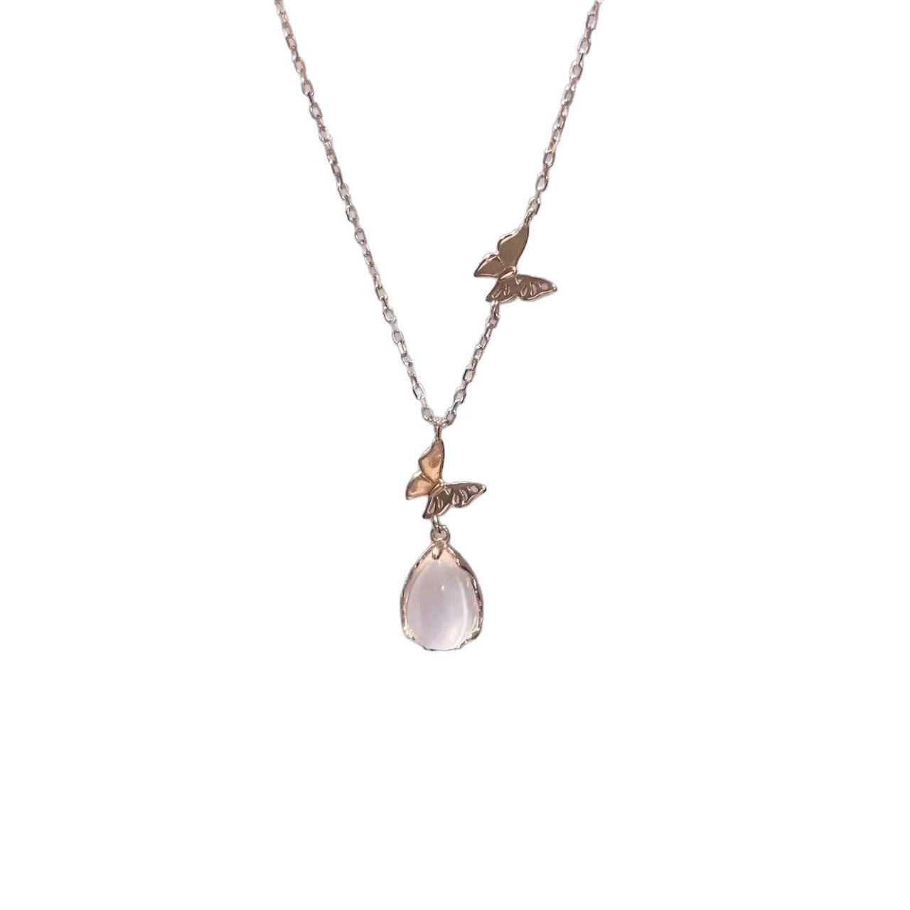 Wholesale Pink Water Drop Butterfly Necklace Alloy Glass Pendant Fashion Jewelry Accessory Gift