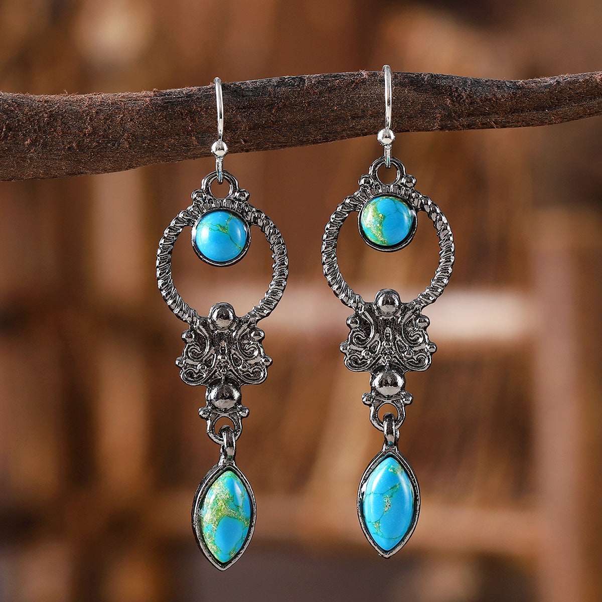 Wholesale European and American Fashion Retro Turquoise Geometric Pendant Earrings Women' s Exquisite and Elegant Versatile Elegant Ear Jewelry