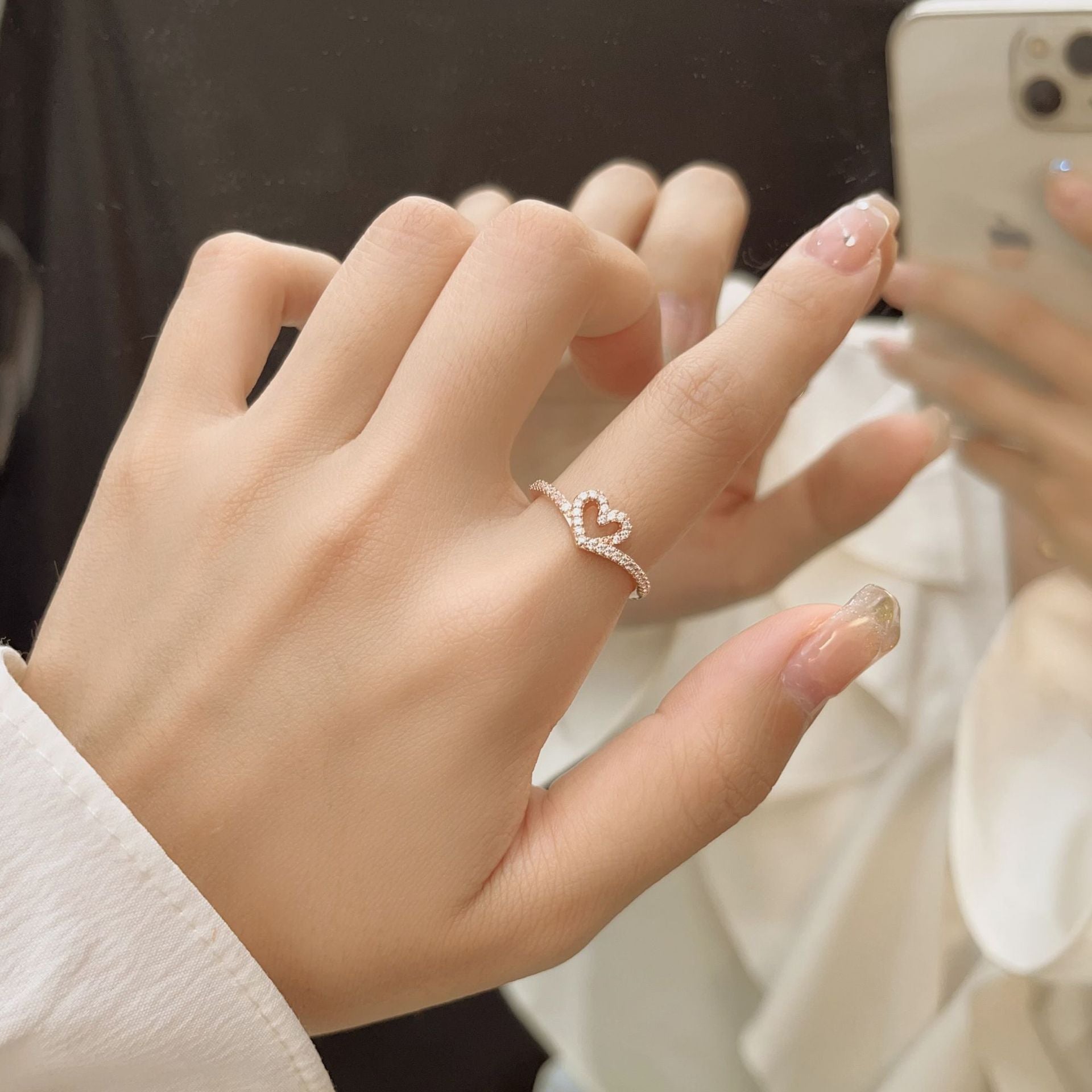 Wholesale  Love Heart Ring Light Luxury Elegant Zircon Open Ring