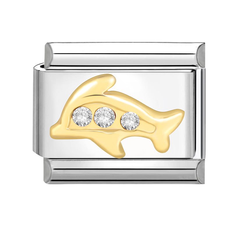 Gold-tone dolphin motif with three clear decorative stones on an Italian charm link