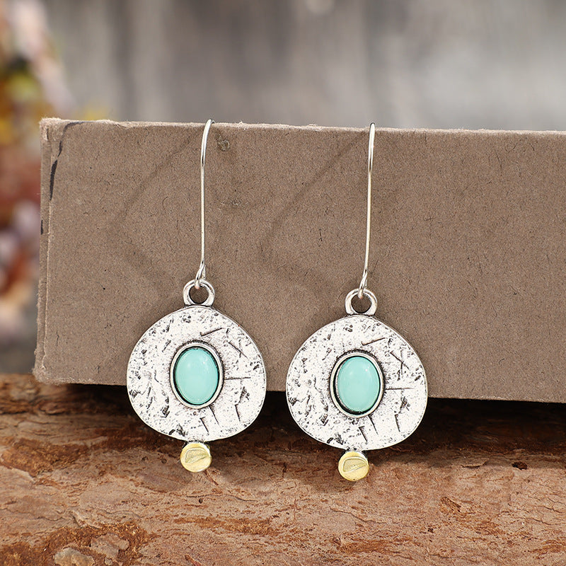 Wholesale Bohemian geometric inlaid synthetic turquoise alloy earrings