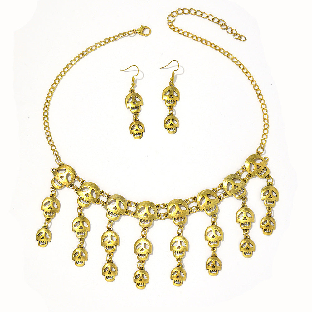 Wholesale Zinc Alloy Skull Pendant Necklace and Earring Set Punk Retro Women' s Party Jewelry Accessory