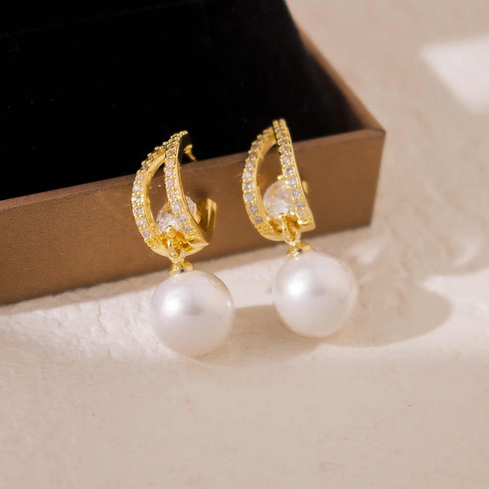 Wholesale  Zircon Pearl Earrings Super Flash Geometric Design Delicate Earrings