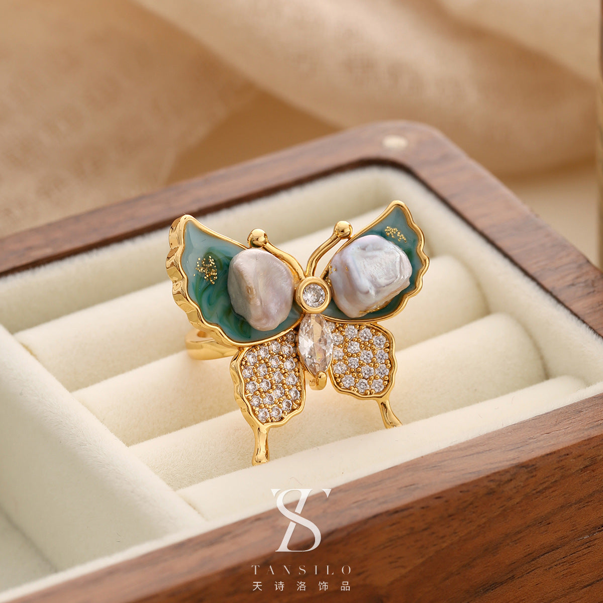 Wholesale Real Pearl Butterfly Ring Opening Ring Adjustable Non-fading Index Finger Ring
