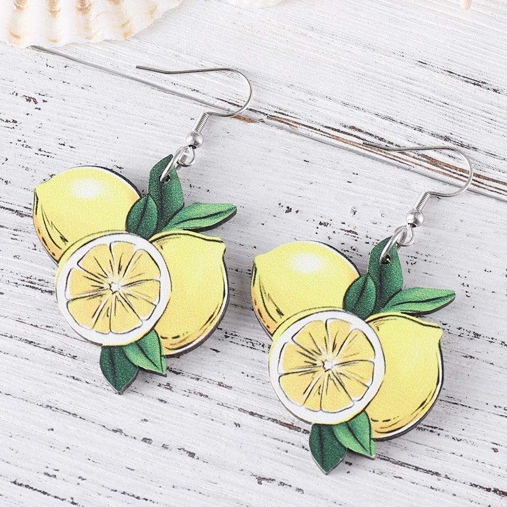 Wholesale Summer Watermelon Lemon Pineapple Cherry Wood Double-sided Earrings ACC-ES-ChuLian053
