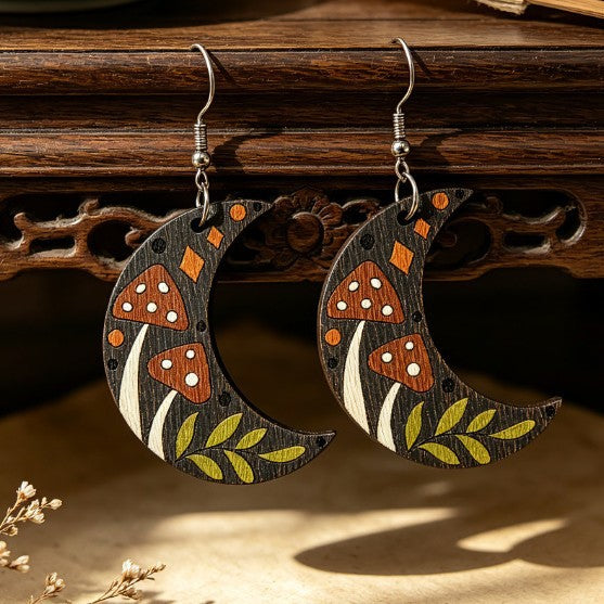 Wholesale Retro Moon Flower Wooden Earrings Printed Leaf Design Fashion Jewelry Accessory For Boutique Resale Gift
