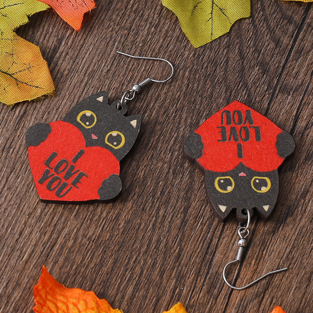 Wholesale cat red love letter  double-sided wooden Valentine's Day  earrings