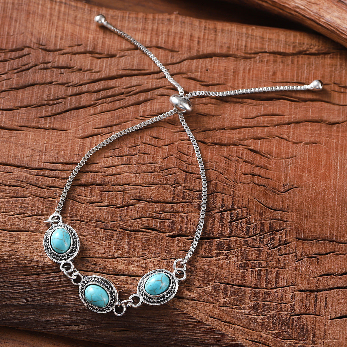 Wholesale Zinc Alloy Electroplated Adjustable Bracelet with Oval Turquoise Inlay Retro Style Jewelry Accessory for Women