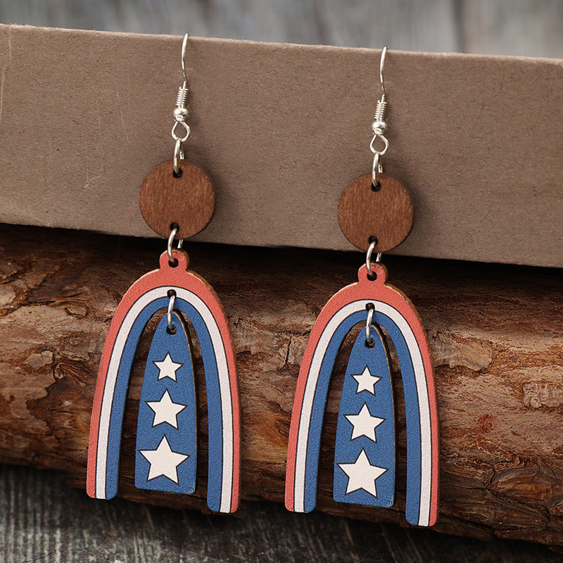 Wholesale Independence Day U-shaped five-pointed star color stripe vintage wood earrings