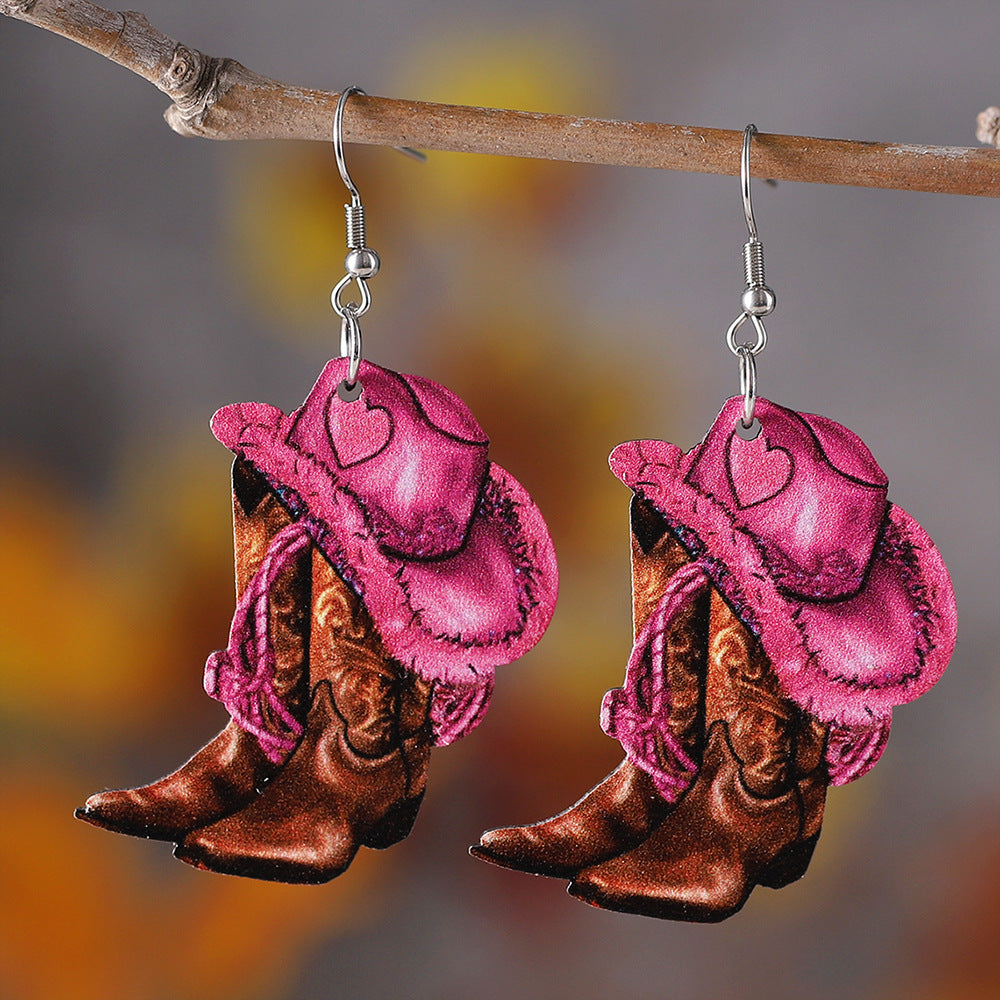 Wholesale Western Style Pink Cowboy Hat Cowboy Boots Wood Pendant Earrings ACC-ES-ChuLian056