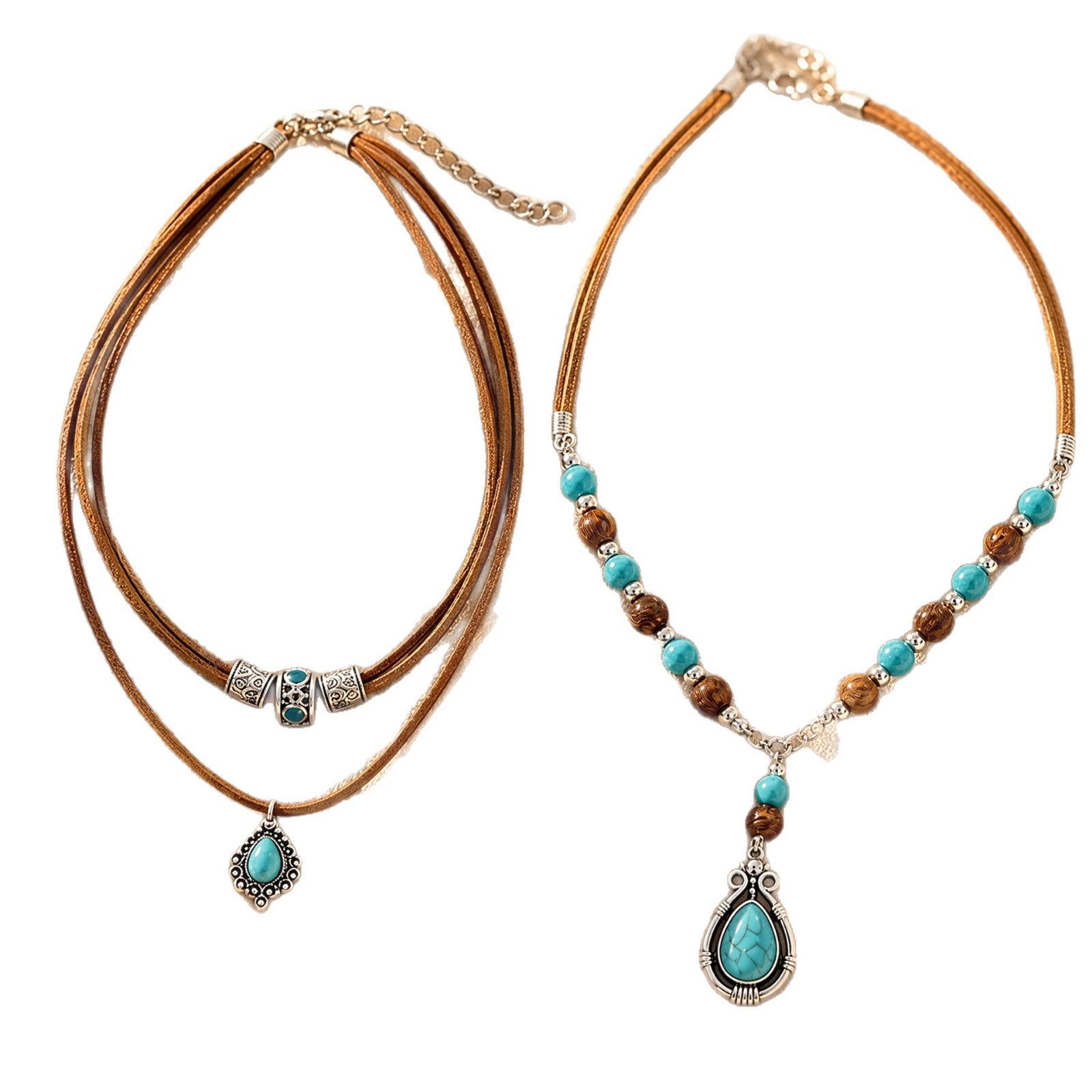 Wholesale Vintage Western Cowboy Multi Layer Turquoise Wood Bead Necklace Set Trendy Jewelry Accessory