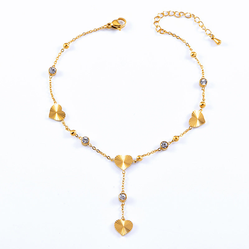 Wholesale tassel love flower sticky drill foot ring stainless steel double-layer stacked anklet