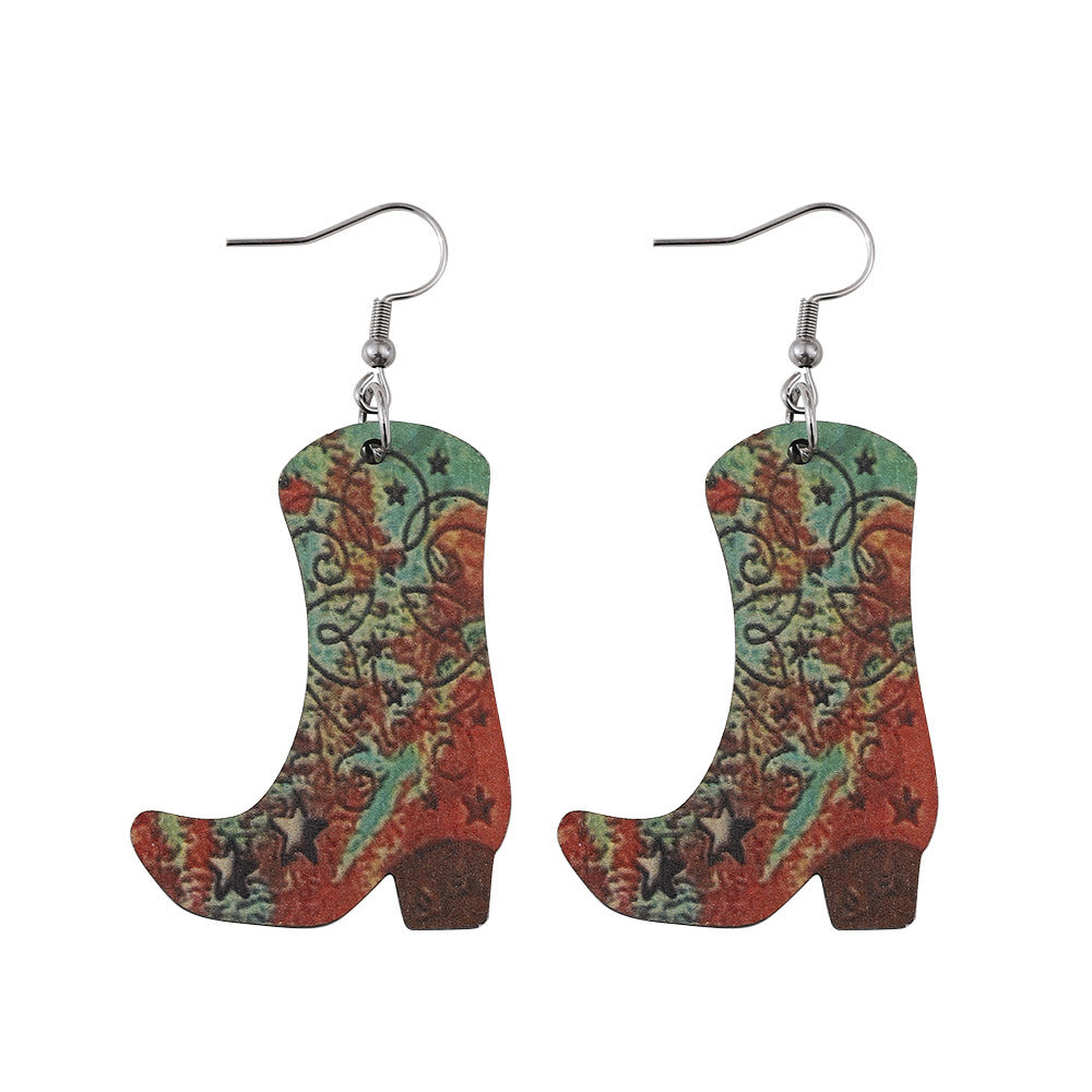Wholesale Western Cowboy Boots Hat Wood Pendant Earrings ACC-ES-ChuLian054