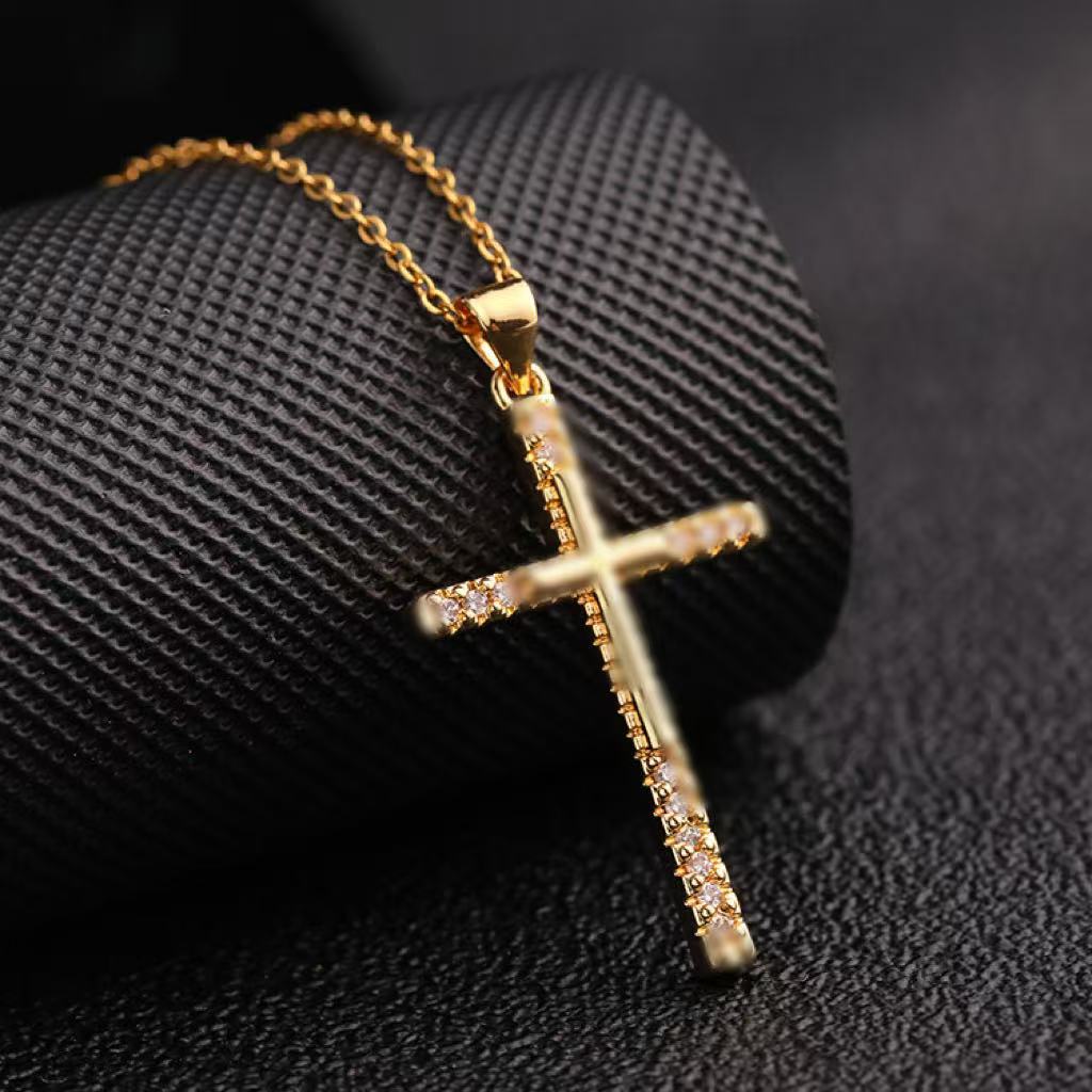 Wholesale Chic Hip Hop Cross Necklace Gold Plated Copper With Zircon Fashion Accessory For Women Boutique Resale Gift