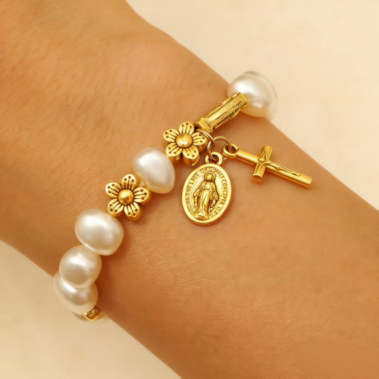 Wholesale Alloy man-made pearl beaded flower and cross Virgin Mary bracelet