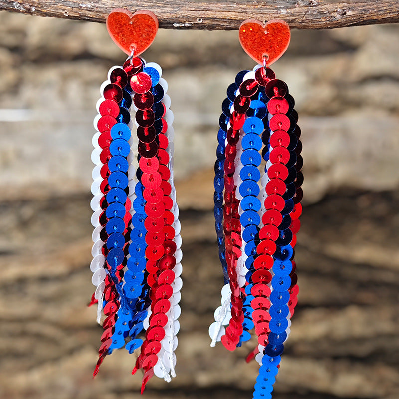 Wholesale  Independence Day American Flag Color Tassel Sequin Earrings