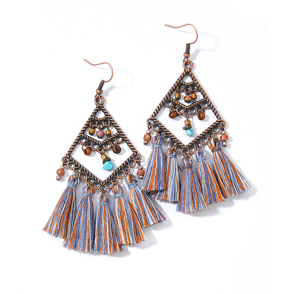 Wholesale Handmade Woven Tassel Earrings Bohemian Style Zinc Alloy Summer Beach Holiday Fashion Accessory
