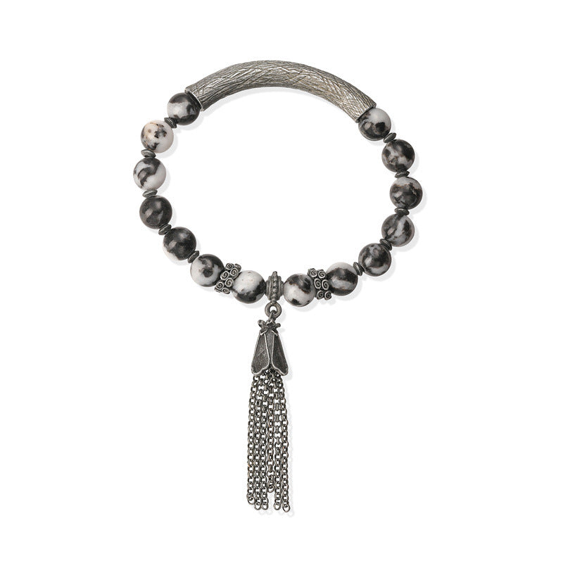 Wholesale New Chinese Style Gun Black Stone Bead Bracelet With Tassel Unisex Retro Wedding Gift Jewelry Accessory