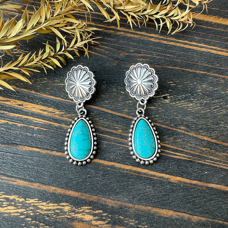 Wholesale Western metal earrings cow's head sunflower inlaid turquoise stitching denim earrings