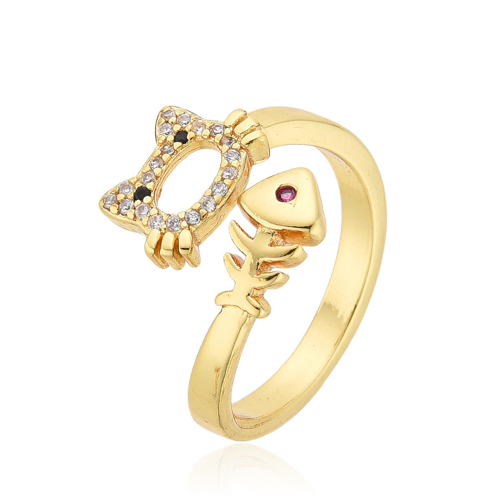 Wholesale Copper inlaid zircon heart cat fishbone women' s ring