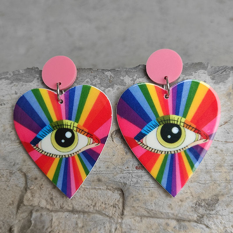 Wholesale 2 Pairs/Pack Heart Shape Eyes Rainbow Retro Disco Ball Acrylic Earrings ACC-ES-HY101