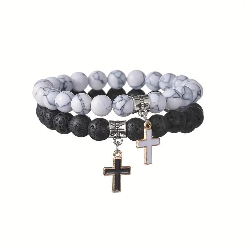 Wholesale Natural Stone Couple Bracelet Set With Cross Pendant Fashion Elastic Bead Bracelets Wedding Gift Boutique Resale