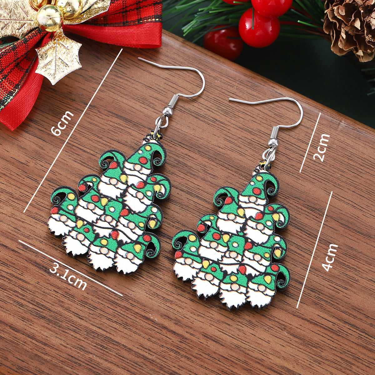 Wholesale hristmas lights dwarf Christmas tree pendant earrings wooden double-sided earrings