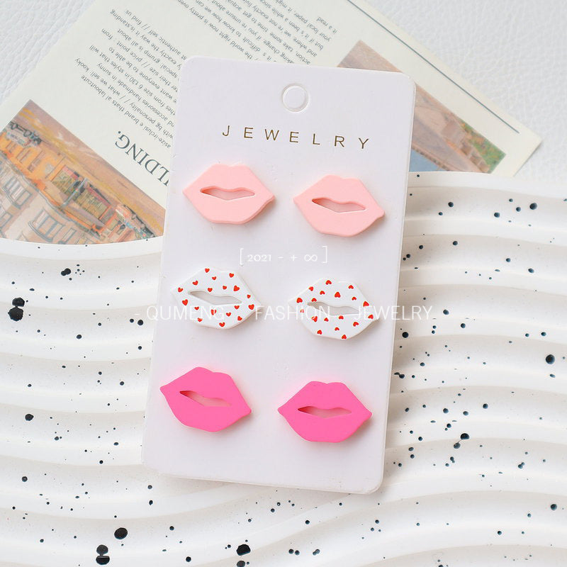 Wholesale 3pcs/set acrylic lacquer lip shape Valentine's Day earrings