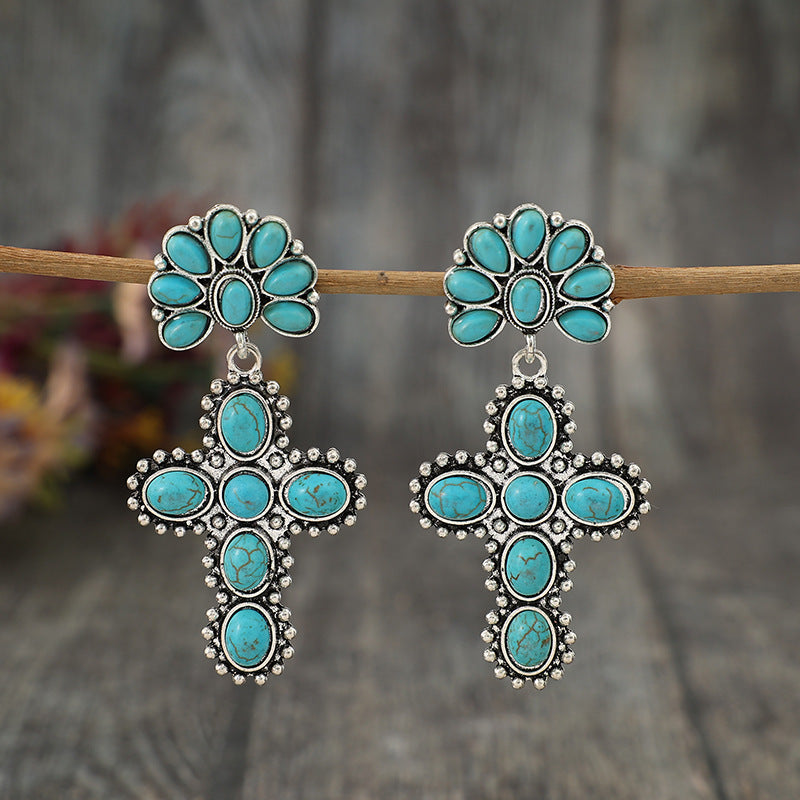Wholesale Alloy Electroplated Retro Earrings,  Half Flower Turquoise Cross  Design,  Fashion Accessory for Boutique Resale