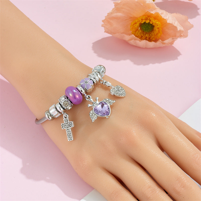 Wholesale Heart Shape Crystal Cross Rhinestone Beaded Stainless Steel Bracelet ACC-BT-QingLian003