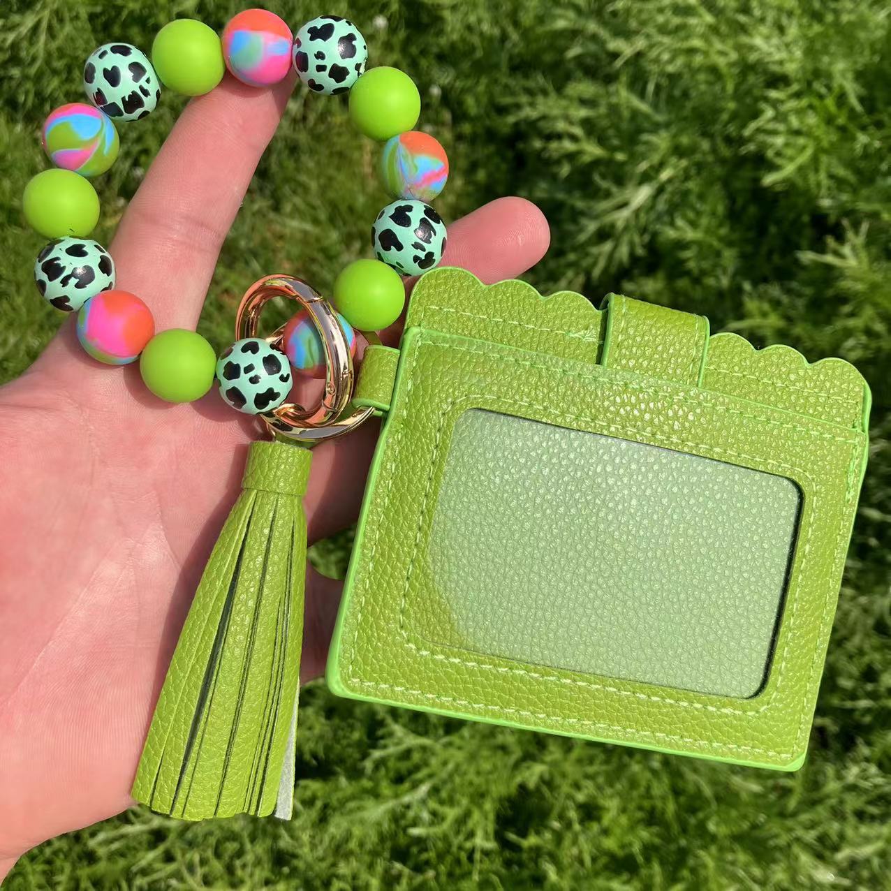 Wholesale European Retro Geometric Pattern Silicone Bead Wristlet Keychain Card Holder - Fashion Accessory for Women