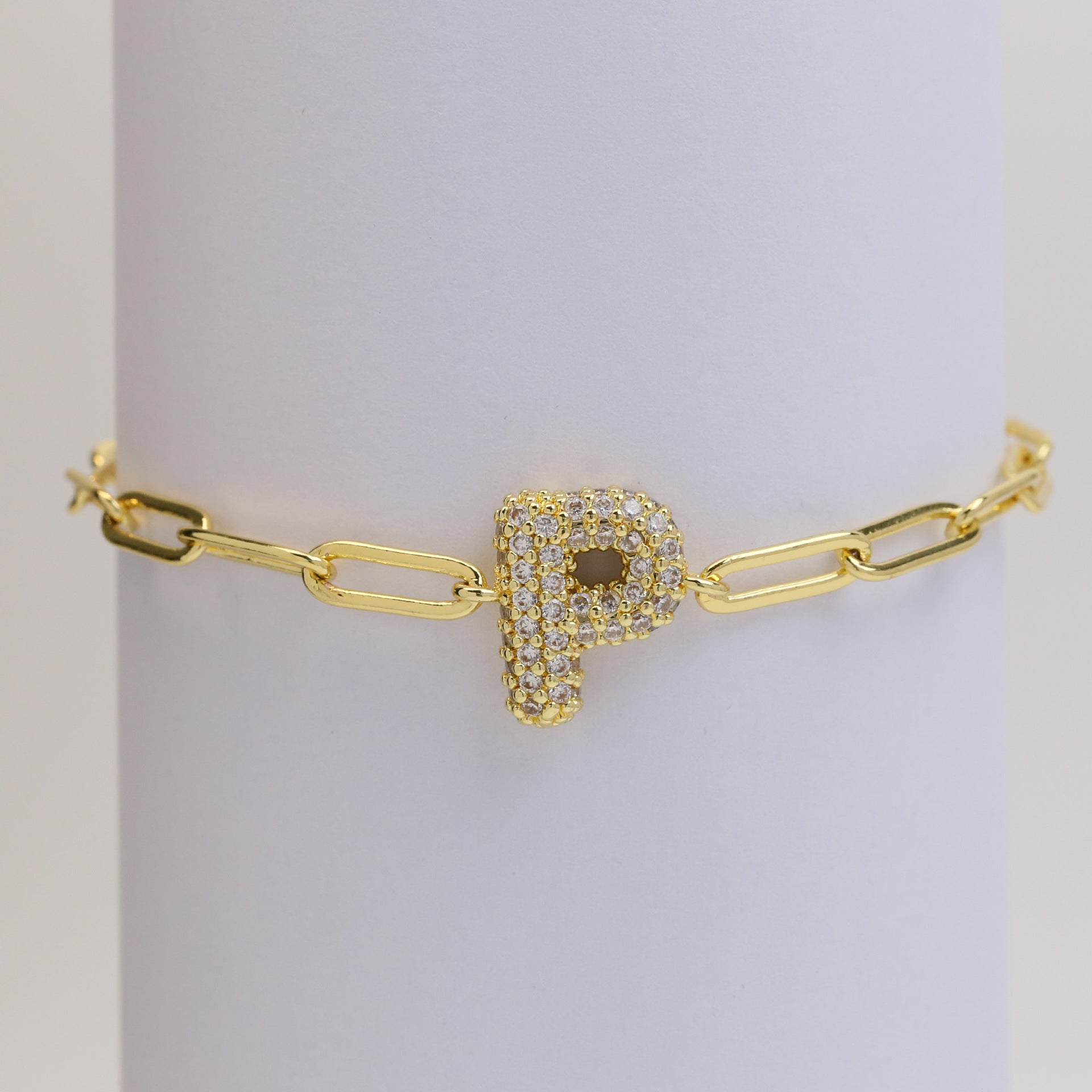 Wholesale 18k Bubble Balloon Diamond 26 Letter Paper Clip Adjustment Bracelet ACC-BT-BaiYi001