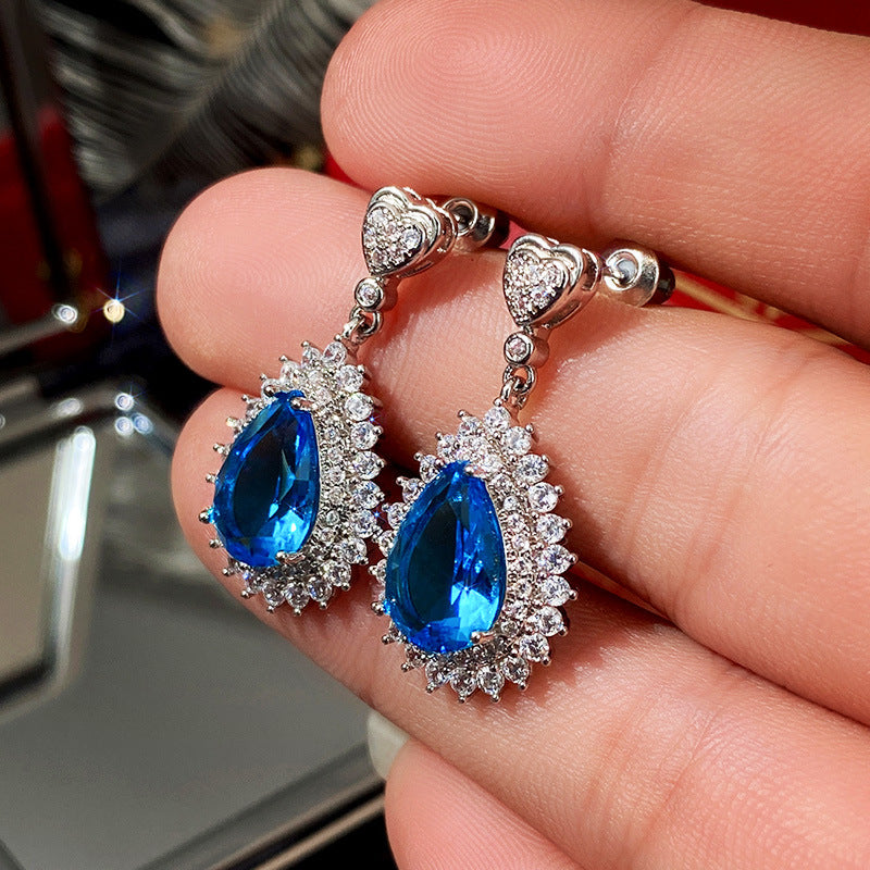 Wholesale Water Drop Blue Zircon Blue Gemstone Earrings