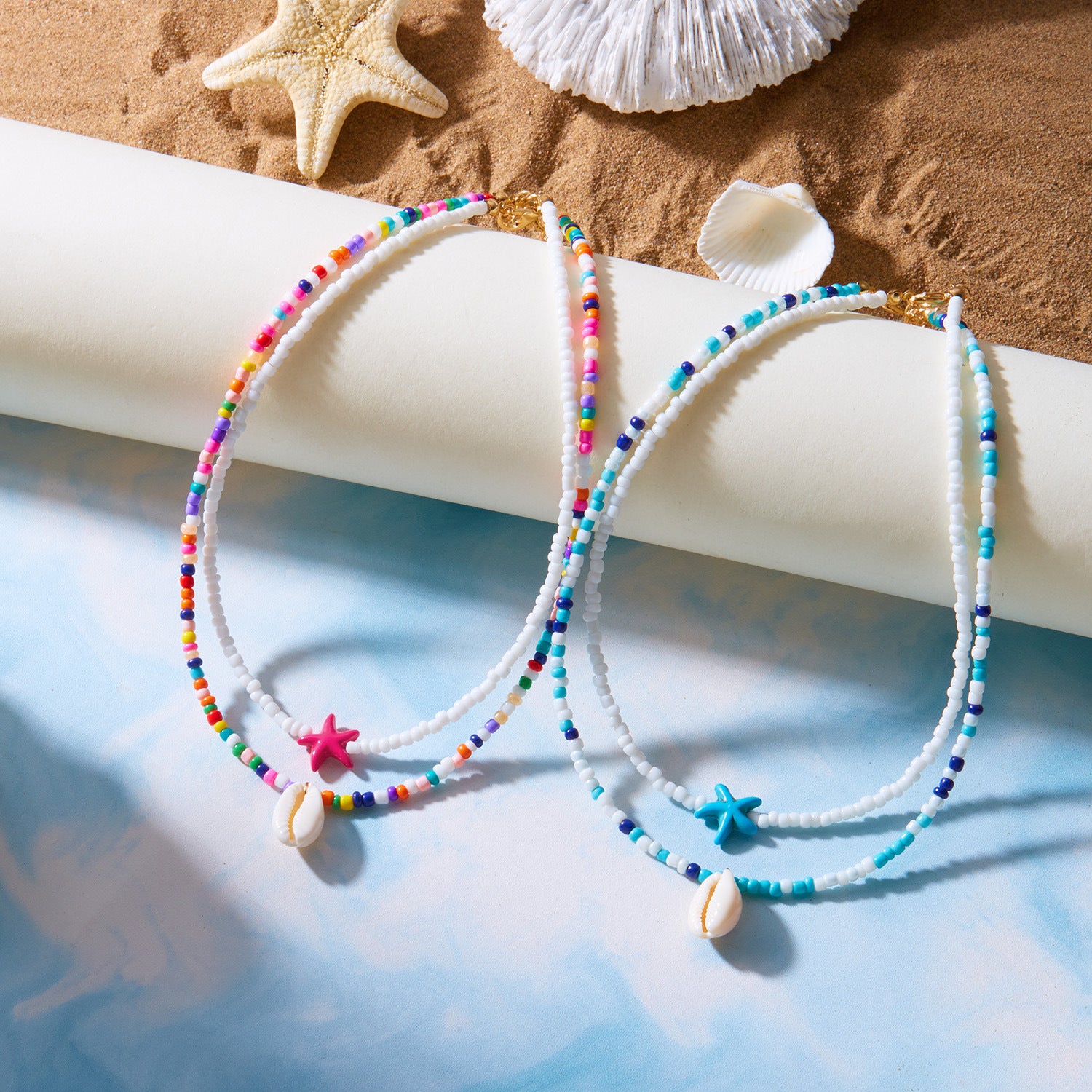 Wholesale Double-layer Starfish Shell Rice Beads Neck Chain Card Necklace