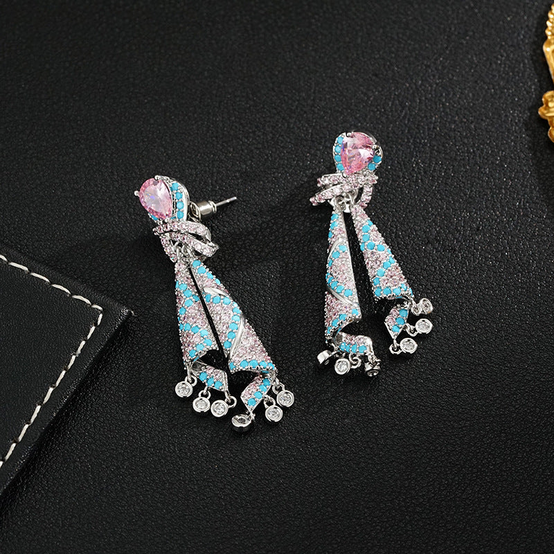 Wholesale  color ribbon earrings  light luxury  zircon tassel silver needle earrings
