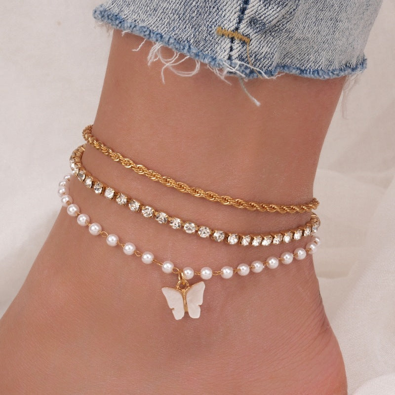 Wholesale Butterfly Shell Foot Chain Adjustment Pearl Beach Stacked Foot  Anklets