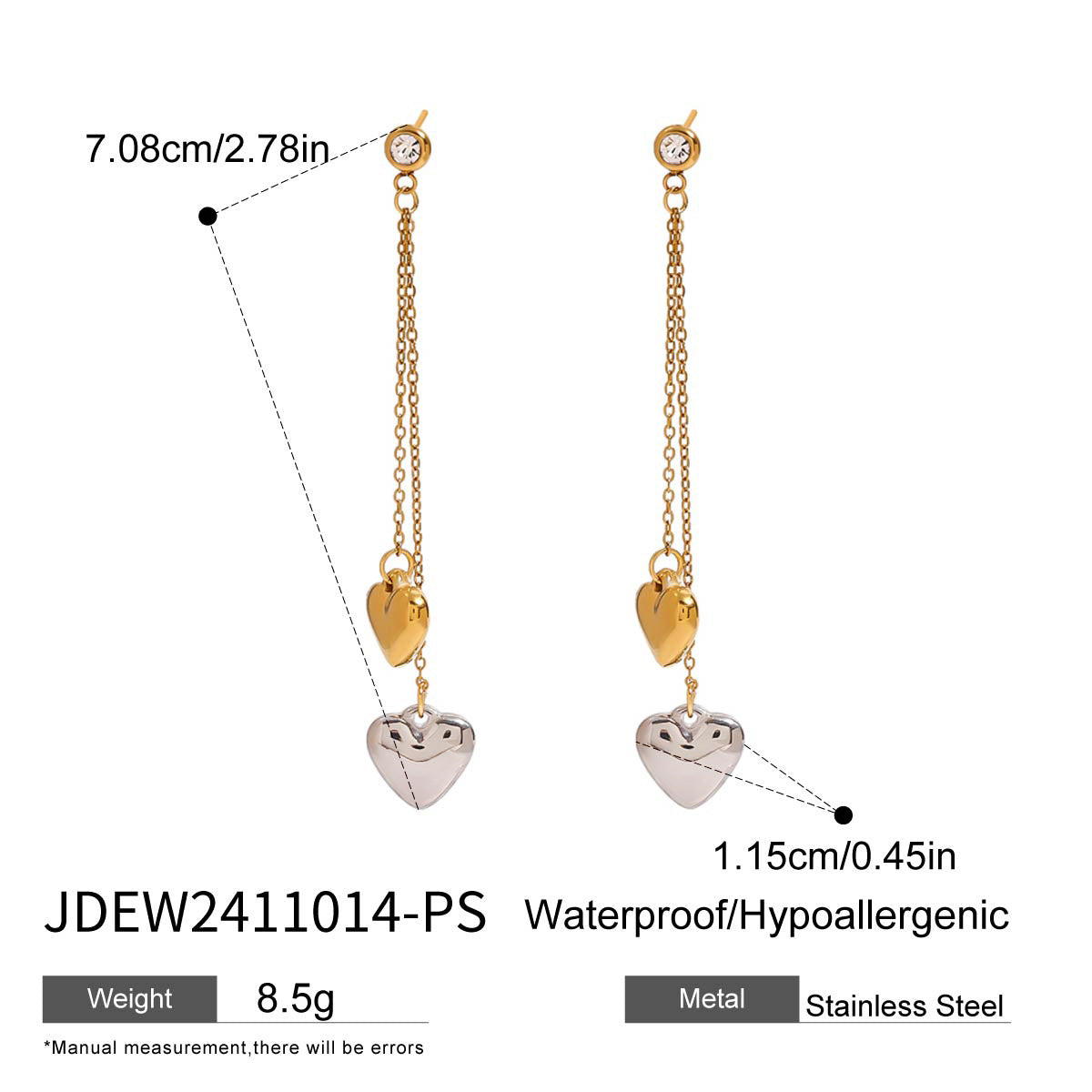 Wholesale  18k gold stainless steel white diamond gold and silver color matching smooth love tassel earrings