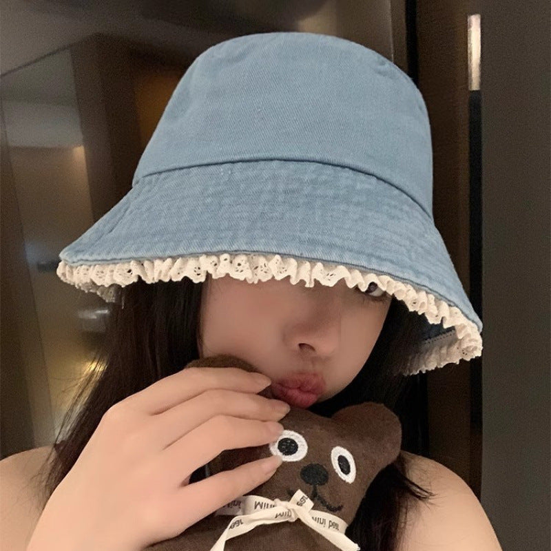 Wholesale Cute bucket hat with lace trim denim sun protection bucket hat