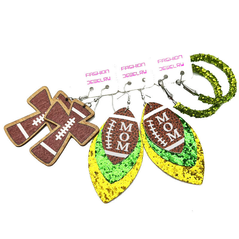 Wholesale 2 Sets Cross Glitter Earrings Rugby Stadium Cheer Football MOM Leather Earrings Set ACC-ES-HY126