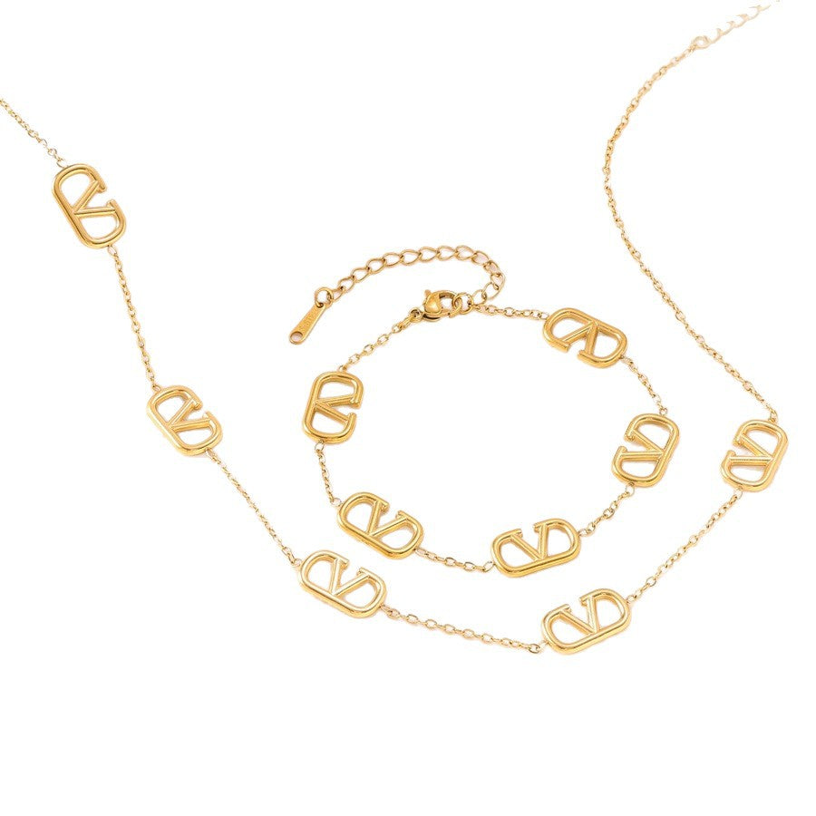 Wholesale Women' s 8K Gold-Plated Stainless Steel " V"  Letter Bracelet &  Necklace Set