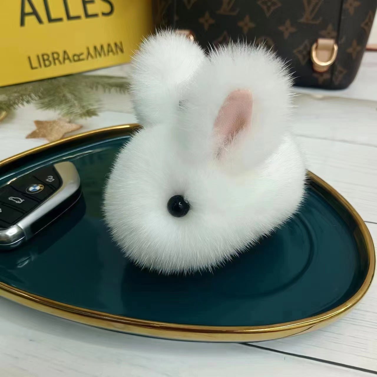 Wholesale cute little tennis ball rex rabbit fur keychain