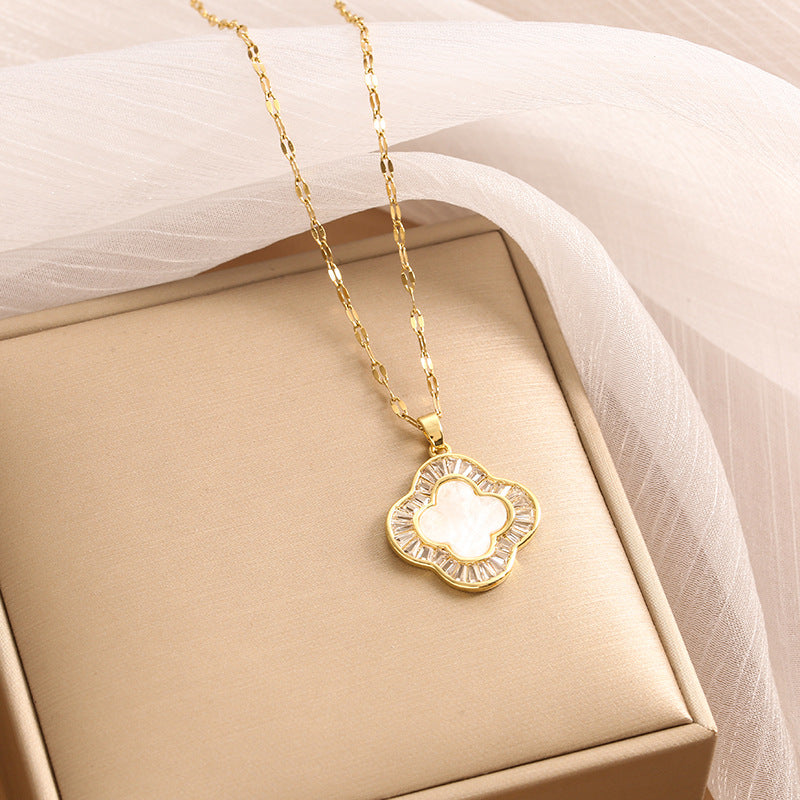 Wholesale Black and White Double-sided Four-leaf Clover Stainless Steel Necklace Light Luxury Necklaces ACC-NE-Nayin003