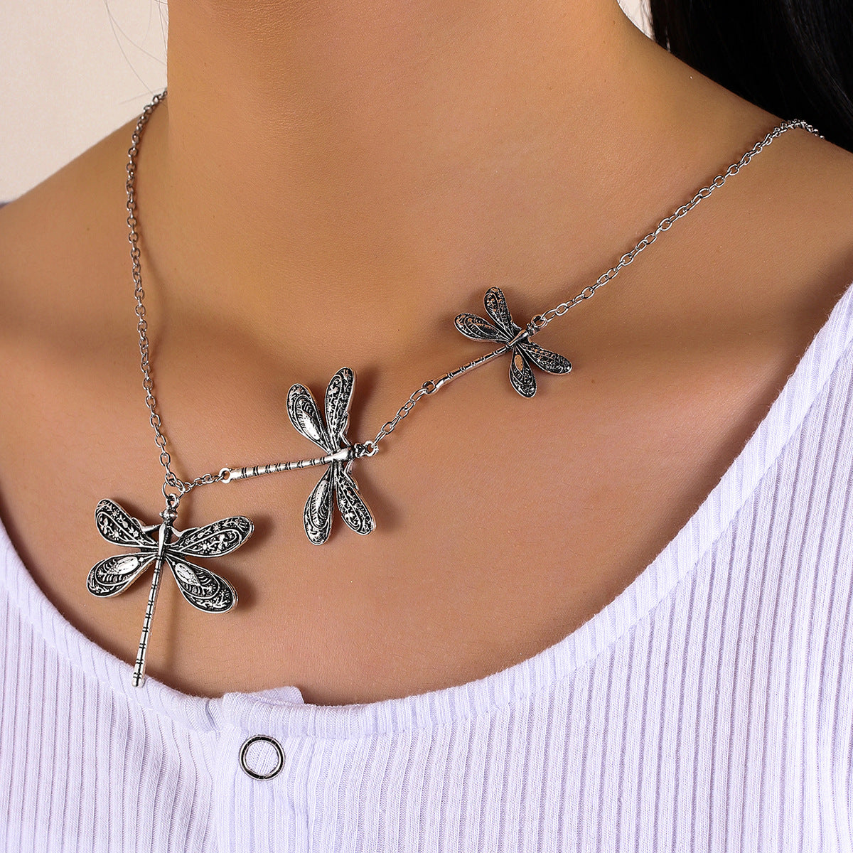 Wholesale Aliexpress Cross-Border New Carved Tribal Pattern Dragonfly Pendant Asymmetric Design Dragonfly Retro Sweater Chain